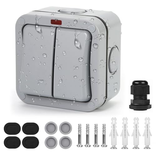 Idota Light Switch Outdoor Weatherproof Switch Universal Switch 20A IP66 Double Switch with Dust Independent Switch and Indicator Light Switch Surface-Mounted for Outdoor Garden Balcony