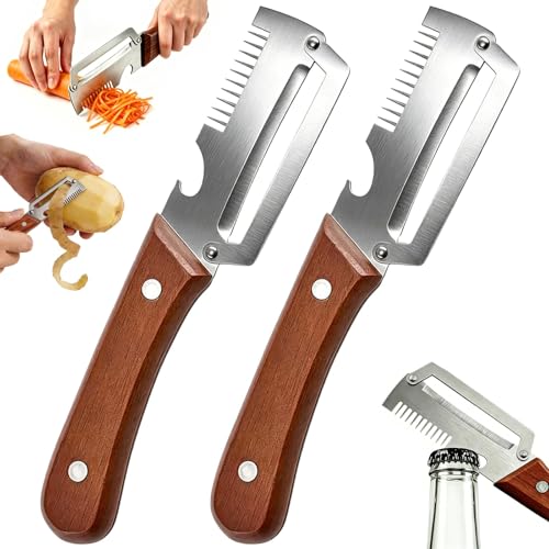 3 en 1 Éplucheur de légumes multifonction pour la cuisine, Éplucheur Légumes Multifonction, Zero Snag en bois en acier inoxydable, avec ouvre-bouteille pour fruits,légumes et tranches de viande(2PCS)