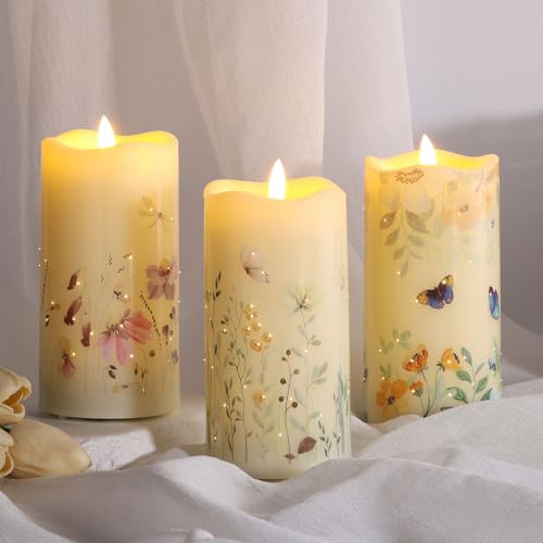 Eywamage Fiber Optic Flameless Candles Set of 3, Butterfly Floral Candles Battery Operated, LED Pillar Candles with Remote Φ 3\" H 6\" - Thumbnail 6