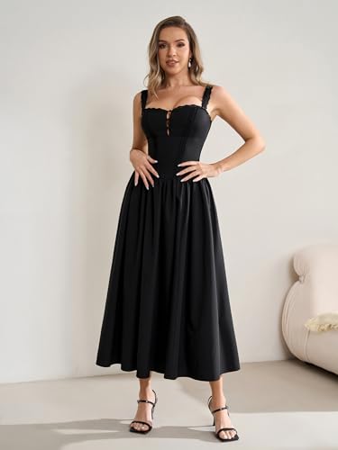 Image of KUTUMAI Women Summer Corset Midi Floral Wedding Guest Dresses with Pockets | Lace Neck, Smocked Back, Flowy A Line Sundress for 2026 Engagement Photoshoot Bridal Shower Garden Party