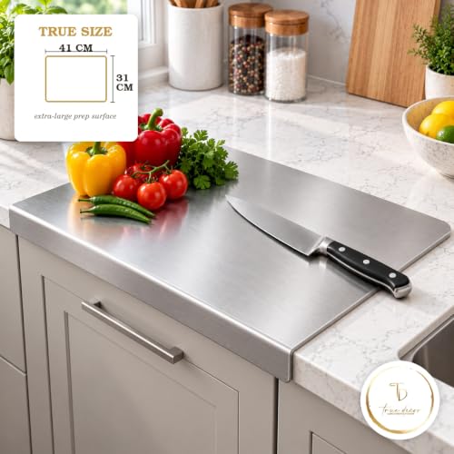 Image of True Decor Stainless Steel Chopping Board for Kitchen - Large Heavy Duty Cutting Board with Lipped Edge | Double-Sided Metal Vegetable Chopper Board | Rust-Proof Silver Countertop Board