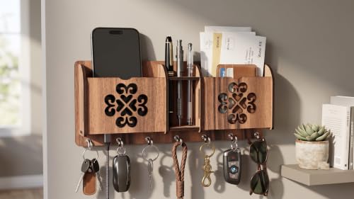 Image of Wall Mount Key Holder & Mail Organizer | Laser-Cut Key Hanger with 7 Metal Hooks, Letter Rack & Pen Stand | Wooden Wall Decor for Entryway, Living Room, Home & Office (EleganceNest)