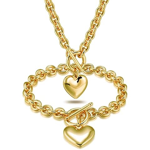18K Gold Heart Pendant Necklace and Bracelet Toggle Chain Stainless Steel Drop Jewelry Set (Gold) Cover