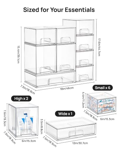 Image of Vtopmart Stackable Storage Drawers Set of 9, Clear Plastic Organizer Bins for Baby Bottle, Beauty Supplies Storage, Ideal for Kichen Countertop, Vanity, Bathroom, Cabinet, Pantry Organization