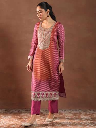 Image of Libas Printed Silk Blend Straight Kurta With Trouser and Dupatta