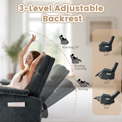 Image of Korser Recliner Chair, Swivel Rocking Recliner Chair for Adults, Glider Rocking Chair, Small Nursery Chair Recliner for Living Room, Reclining Chair with Modern-Designed Armrests,Chenille,Darkgrey