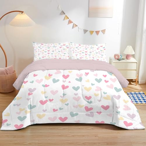 dyausi Bettdecke 200x220 - Bunte Herzen Bedruckte Bettdecke Sommer mit 2 Kissenbezug 80x80cm - Wende Ganzjahresbettdecke - Waschbare Steppdecke Ohne Bezug - Rosa