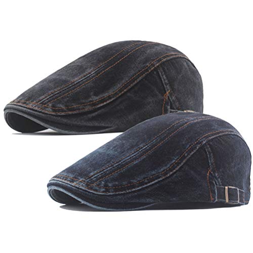 2 Pack Men's Cotton Flat Cap Ivy Gatsby Newsboy Hunting Hat, Jean Black/Dark Blue, One Size