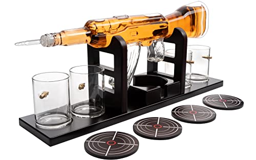 Krown Kitchen - Gun Whiskey Decanter Set. Includes Whiskey Glasses, Coasters, And Wood Base. Perfect Dad Gifts. For Bourbon, Scotch, Liquor, 850Ml #TOP5