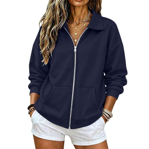 Image of Navy fleece sweater women Women Casual Full Zip Up Comfy Loose Long Sleeve Sweatshirt Plus Size Stand Collar Fall Coat Jacket with Pockets