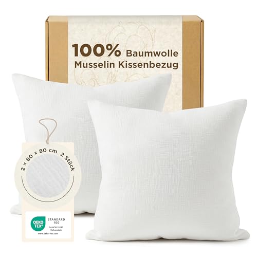 BEDSURE Musselin Kissenbezug 80×80 2er Set – 100% Baumwolle Kopfkissenbezug 80 x 80, Muslin Kissenbezüge 2 Teilig mit Reißverschluss, Oeko-TEX Zertifiziert, Sommer Kopfkissenbezüge Weiß