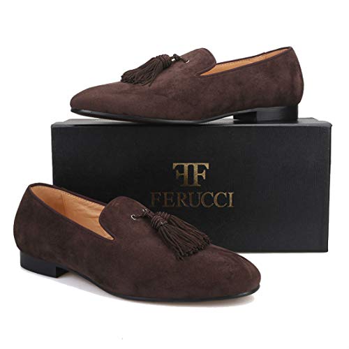 FERUCCI Men Dark Brown Suede Slippers Loafers Flat with Big Brown Tassel2