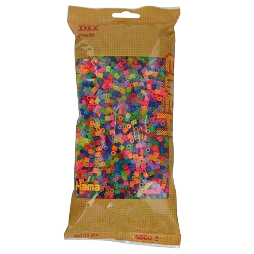 Hama Perlen 205-80 Bügelperlen Beutel mit ca. 6.000 bunten Midi Bastelperlen mit Durchmesser 5 mm im Neon Transparent Mix, kreativer Bastelspaß für Groß und Klein