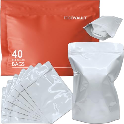1 Gallon Mylar Bags, 16 Mil Total Thickness, Large Stand-Up Resealable Mylar Bags for Long Term Food Storage, Freeze Drying [40-Pack | 10" x 14" x 5"]