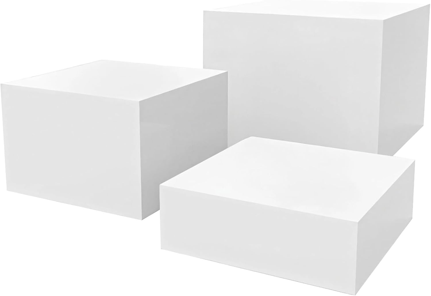 Stands For Buffet, Three Pieces, Acrylic Risers To Display Food For Catering, Parties, Desserts, And Jewelry, Square White Layout With A Hollow Bottom, Different Heights (Large, Medium, Small)