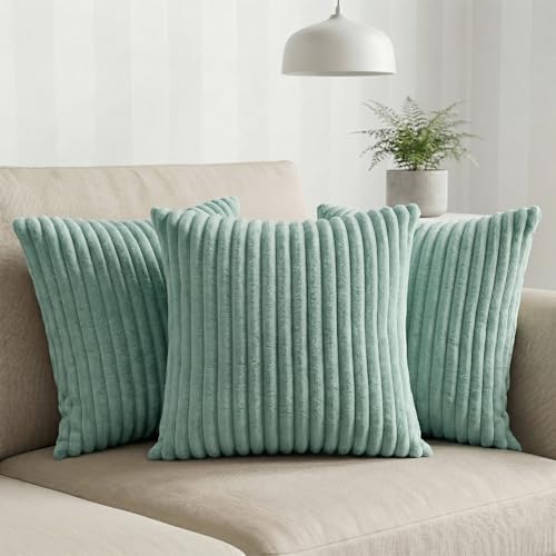 Image of Yellow Weaves Pencil-Stripe Fur Cushion Covers | Soft Polyester | Decorative Sofa & Throw Pillow Covers | 16x16 Inches, Pack of 3 (Sea Green)