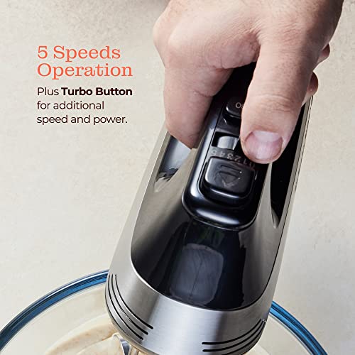 Powerful Electric Kitchen Hand Mixer, 200 Watts, 5 Speed Food Handheld Mixer, With Turbo Button, Dough, Whisk And Beater Attachments, And Accessory Bin, For Dough, Eggs, Batter, #TOP2