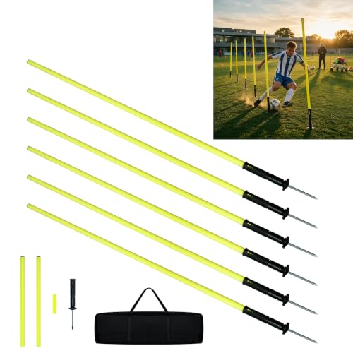 YRHome Slalomstangen Fussball Set 150cm Slalom Poles 6 Slalom Stangen mit Erdspieß Sprunghafte Agilität Stangen Fussball trainingszubehör für Koordinationstraining, Slalom, Fußball, Hundetrainingsset