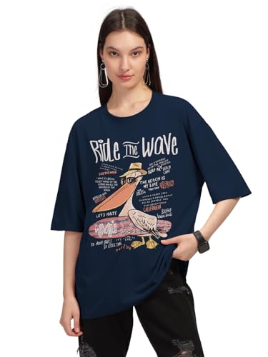 Image of HELLCAT Beige Trendy Printed Oversized T-Shirt for Women