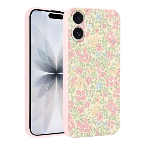 lioscre Cute Pink Spring Flower Phone Case for iPhone 17 Case 6.3", Aesthetic Trendy Floral Leaf Pattern Design Shockproof Anti-Scratch Soft Slim Flexible Silicone Pink Funda Cover for Women Girls