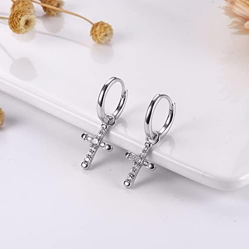 KRFY 925 Sterling Silver Cross Earrings for Women Men Dainty CZ Huggie Hoop Earrings Iced Out Cross Dangle Earrings Lightweight Huggie Cuff Earrings 18K Gold/Silver