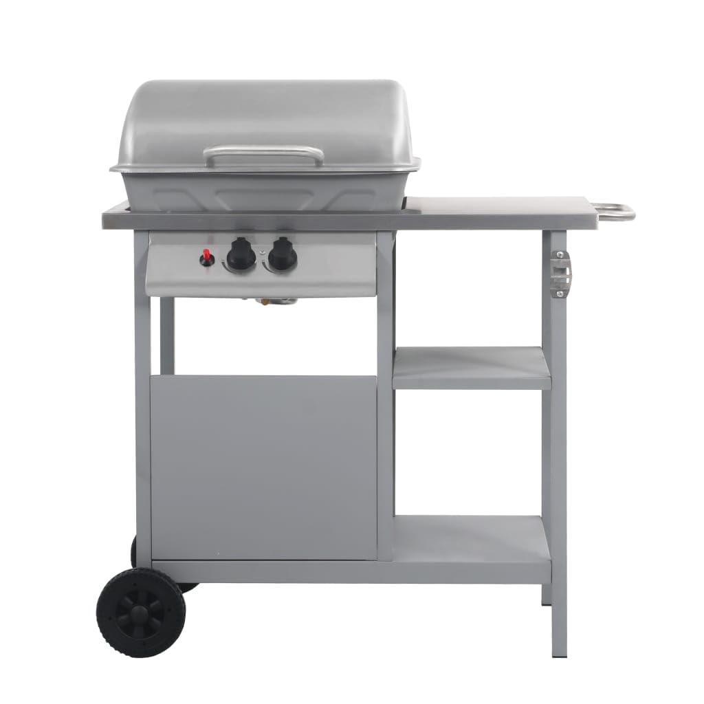 Grill gazowy z 2 palnikami i stolikiem pomocniczym, stacja grillowa do ogrodu i na taras, stal nierdzewna i stal malowana proszkowo, moc 5,5 kW
