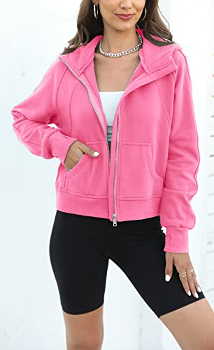 Fisoew Womens Zip Up Sweatshirts Fleece Lined Collar Crop Hoodie Casual Cotton Long Sleeve Tops With Thumb Hole #TOP2