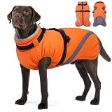 BRKURLEG Dog Winter Jackets for Large Dogs, Dog Coat with Harness Built in, Dogs Snowsuits with Zipper, Waterproof Windproof Pet Puffer Jacket Fleece Vest for Labrador, German Shepherd, Orange XXXL
