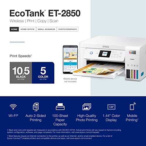 Epson Ecotank Et-2850 Wireless Color All-In-One Cartridge-Free Supertank Inkjet Printer, White - Print Scan Copy - 1.44" Lcd Display, 10 Ppm, 4800 X 1200 Dpi, 2-Sided Printing, Voice-Activated #TOP1