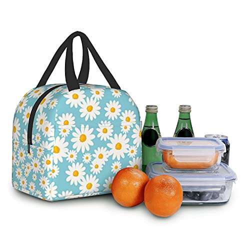 Insulated Lunch Bag For Women, Cooler Tote Reusable Lunch Box Container For Work Office Travel Picnic Daisy Flower Pattern On Blue #TOP7