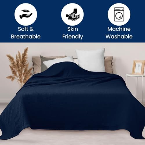 Image of 100% Combed Cotton Waffle Blanket for Bed,Sofa,Couch,| Navy Blue |Twin -60X90 INCHES -Lightweight and Breathable Soft Woven AC Blankets,Throw for Summer, Spring, Winter, All Season