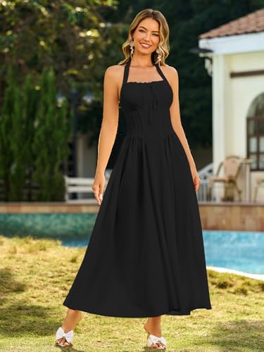 Image of KUTUMAI Summer Floral Corset Midi Dress Halter Smocked Sundress Flowy A Line Beach Wedding Guest Dresses for Women 2025