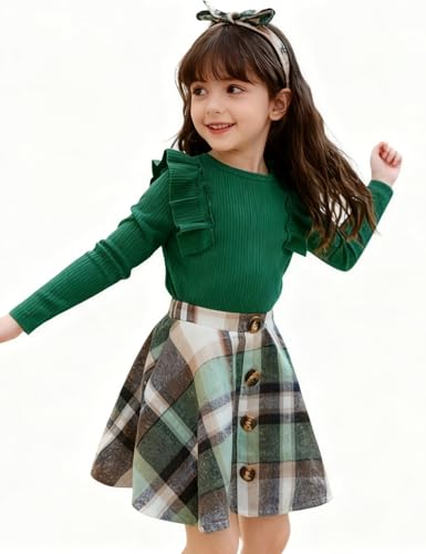 Image of AGQT Toddler Girls Fall Winter Clothes Long Sleeve Ribbed T-Shirt Knit Tops Plaid Button Mini A-line Skirts Set Outfits