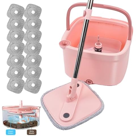 KZKR Square Spin Mop and Bucket Set with Self Separation Dirty and Clean Water System,Self Wringing 360° Rotating Mops Head for Home Hardwood Tile Marble Floors Cleaning (mop Bucket Set with 14 Pads) Cover