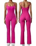 SUUKSESS Women Ribbed Flare One Piece Jumpsuits Seamless Padded Square Neck Sexy Jumpsuit 30‘’ (Hot Pink,L)