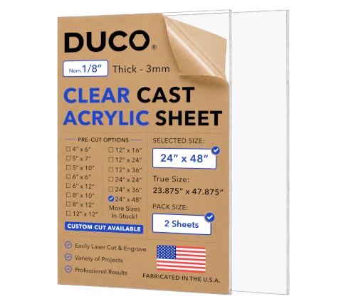 Duco 1/8" Clear Cast Acrylic Sheets, 24"x48" Plexiglass Sheets, 2 Pack