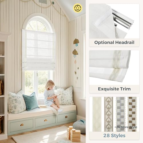 Image of TWOPAGES Liz No Drill Cordless Roman Shades Linen Textured Roman Blinds for Windows, Custom Made Room Darkening Blackout Roman Window Shades, Hardware Included, Beige White, 1 Piece