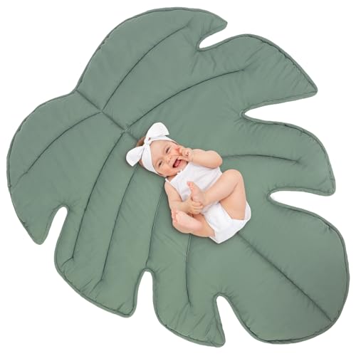 Image of Funtery Baby Play Mat 56 x 42 Inch Cotton Crawling Cushion Cotton Nursery Rug Large Thick Soft Reversible Washable Folding Floor Playpen Mat Nursery Decor Rug for Girls Boys(Green,Tropical Leaves)