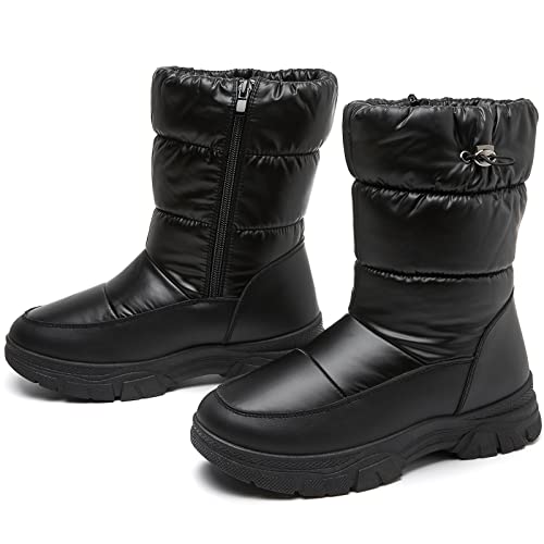 Womens Winter Boots Snow Boots For Women Black Mid Calf Platform Boots Warm Fur Fashion Slip On Boots(Black,US8)