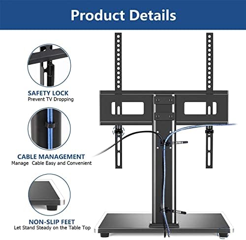 RFIVER Tabletop TV Stand with Bracket For 27 to 55 Inch LCD/LED/Plasma TV, Height-adjustable TV Stand with 8MM Tempered Glass Base and Cable Management, Max 40KG& VESA 400x400mm