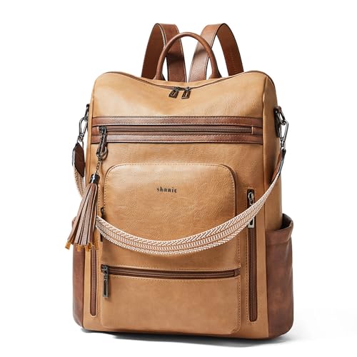 Shrrie Mochila feminina de couro vegano para laptop de 35,5 cm, mochila de viagem moderna para faculdade de negócios, 1 camelo com marrom, Medium, Clássico, moderno