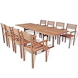 Este juego de comedor de teca de calidad superior tiene un diseño clásico y consta de 1 mesa y 8 sillas apilables. Será una gran opción para comer al aire libre en el jardín o en el patio.