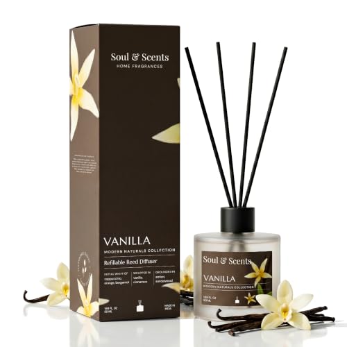 Image of Soul & Scents 50ml Vanilla Reed Diffuser Set | Blend of Toasted Coconut, Vanilla & Musk | Get 5 Rattan Reed Sticks | Smoke Less Room Freshener for Home, Bedroom, Living Room & Office