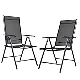 BPIL Folding Aluminium Garden 7-Position Recliner, XL Lightweight Outdoor Patio Dining Chairs with Armrests, Grey, black Textilene, Adjustable High Backrest for Camping or Relaxing (2 PCS)