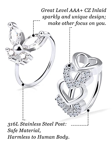 Vsnnsns 20G Nose Rings Hoops for Women 316L Stainless Surgical Steel Heart Butterfly Flower Cross Cubic Zirconia Nose Rings Hoops Piercing Jewelry for Women Men 20 Gauge Silver Black Rose Gold 8MM2