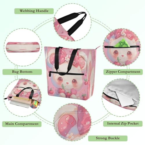 Decorative Book Tote Bag for Boys Girls Women, Cute Cartoon Cherry Bear Simple Sturdy Reusable Shopping Bag with Zipper for School Shopping Beach Rainbow para libros de3