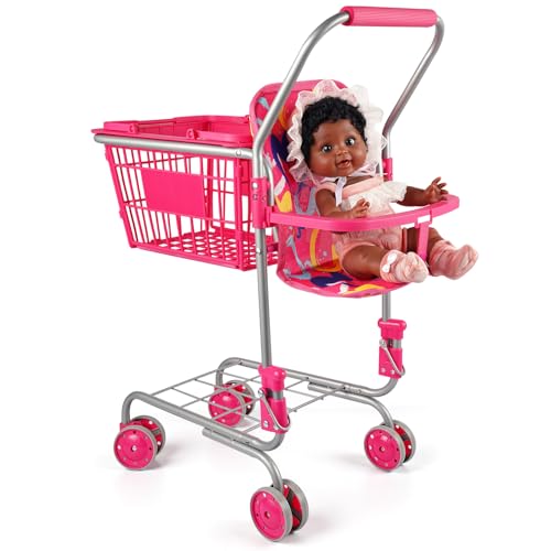 BABESIDE Metal Shopping Cart for Kids, Toy Shopping Cart Kids Grocery Cart with Removable Hand Basket and Doll Car Seat Carrier for Toddler Pretend Play Toys - Thumbnail 2