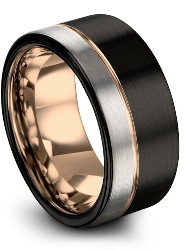 Tungsten Wedding Band Ring 12mm 9mm 7mm for Men Women 18k Rose Gold Plated Flat Cut Black Grey Brushed Polished