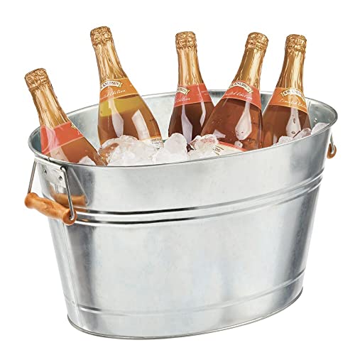 Mdesign Large Metal Beverage Tub Oval Cooler For Beer, Wine, Ice, And Drinks, Portable 4.75 Gallon/18 Liter Cold Drink Trough For Parties, Steel Bin Bucket Stand With Bamboo Handles, Galvanized Steel #TOP4