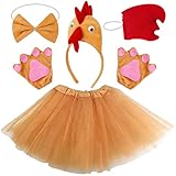 Huhn Kostüm Set, 5PCS Huhn Verkleidung Zubehör mit Stirnband Handschuhe Tutu Rock Fliege Huhnkostüm Kinder Kostüm Accessoires Kinder OsternKostüm Party Zubehör für Karneval Ostern Fasching Cosplay